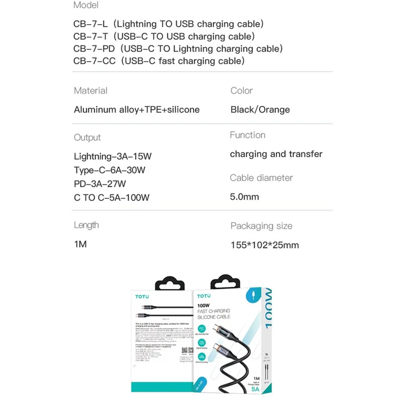 TOTU CB-7-T 100 cm Kabel szybkiego ładowania 30 W z cyfrowym wyświetlaczem USB-A do USB-C, przewód danych – Czarny
