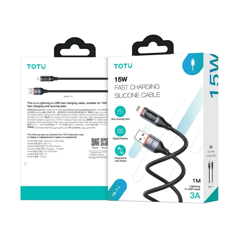 TOTU CB-7-T 100 cm Kabel szybkiego ładowania 30 W z cyfrowym wyświetlaczem USB-A do USB-C, przewód danych – Czarny