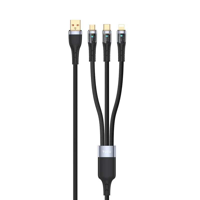 TOTU CB-8-3 150cm 3 in 1 to USB Cable 100W Charging Clear Aluminum Alloy Braided Data Cable - Black