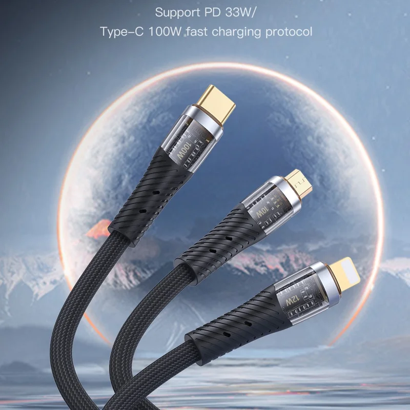 TOTU CB-8-3 150cm 3 in 1 to USB Cable 100W Charging Clear Aluminum Alloy Braided Data Cable - Black