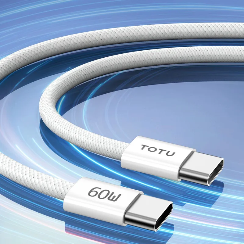 TOTU CB-10-CC 200cm USB-C to Type-C Cable 60W Fast Charging Silicone Braided Data Cable - White