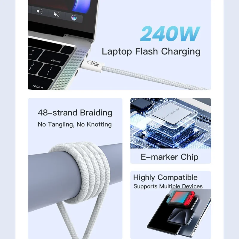 TOTU CB-10-CC-240W 200cm USB-C to Type-C Cable PD Fast Charging Silicone Braided Data Cable - White