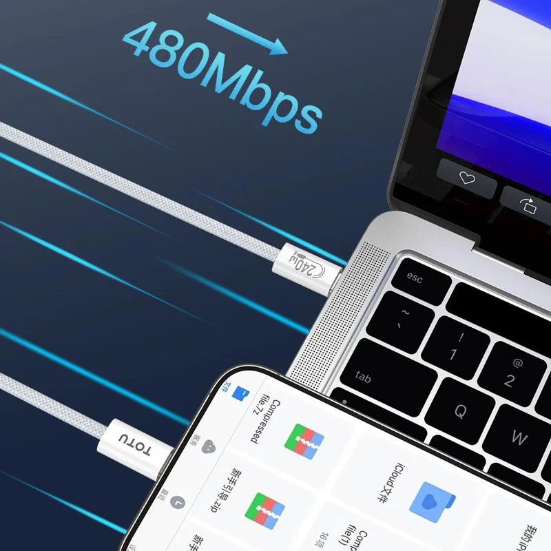 TOTU CB-10-CC-240W 200cm USB-C to Type-C Cable PD Fast Charging Silicone Braided Data Cable - White