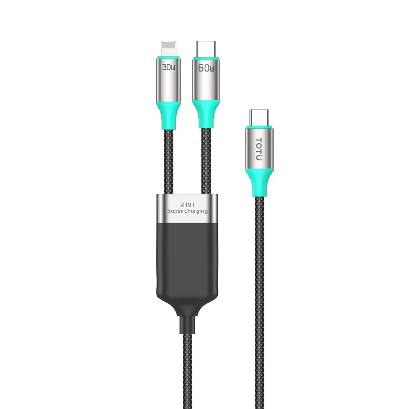 TOTU CB-21-L+T 120cm 2 in 1 USB-C to iP (5-14) + Type-C Cable 60W + 30W Fast Charging Braided Data Cable - Starlight