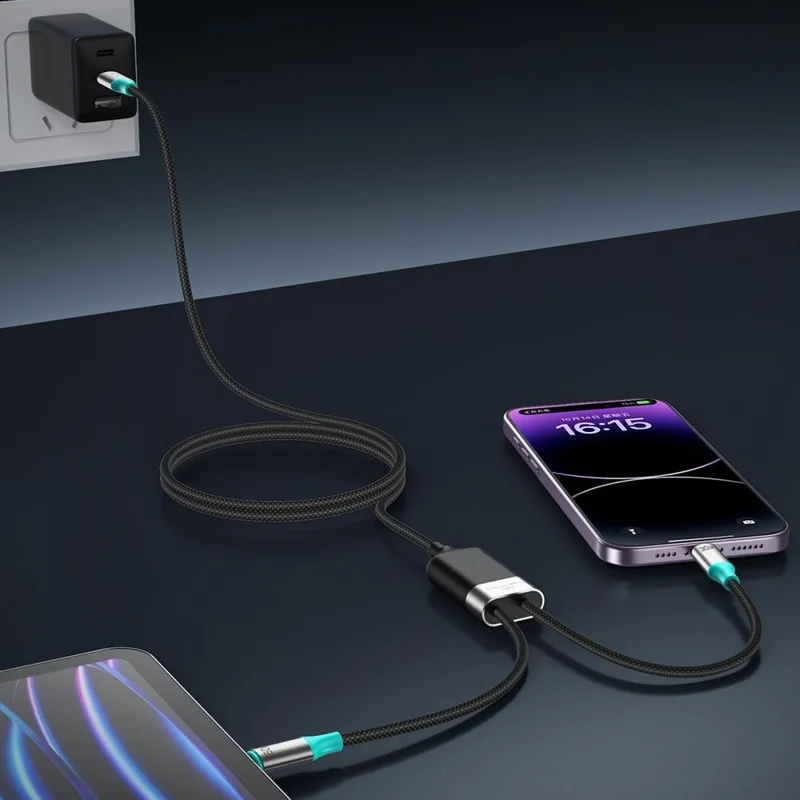 TOTU CB-21-L+T 120cm 2 in 1 USB-C to iP (5-14) + Type-C Cable 60W + 30W Fast Charging Braided Data Cable - Starlight