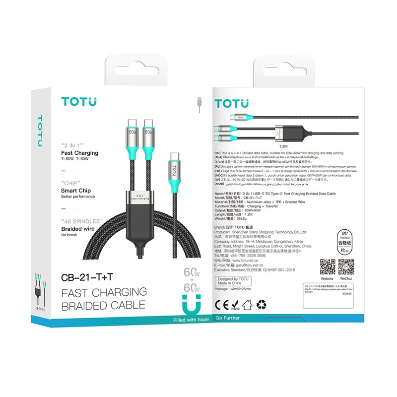 TOTU CB-21-T+T 120cm 2 in 1 USB-C to Type-C Cable 60W + 60W Fast Charging Braided Data Cable - Starlight