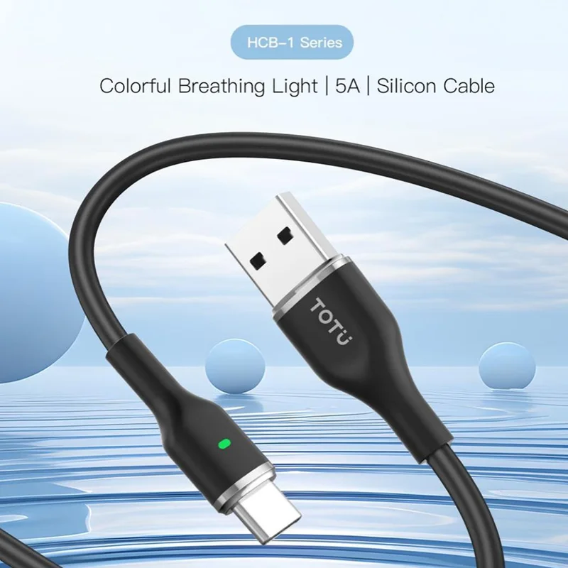 TOTU HCB-1-T 120cm USB-A to USB-C Cable 25W Fast Charging Silicone Data Cord with Breathing Light - Black