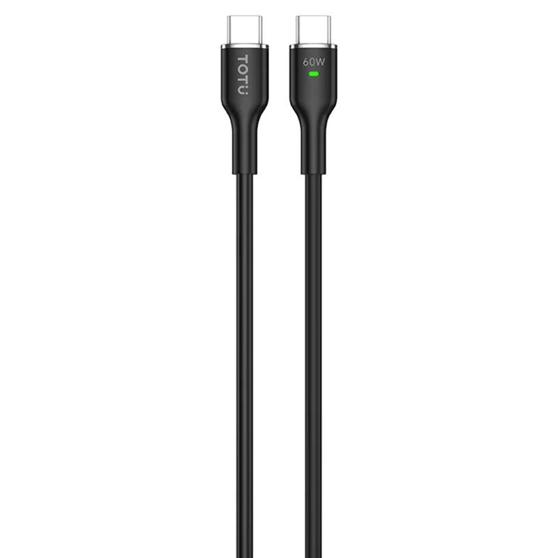 Cable TOTU HCB-1-CC de 120 cm USB-C a Tipo-C, 60 W, carga rápida, cable de datos de silicona con luz respiratoria - Negro