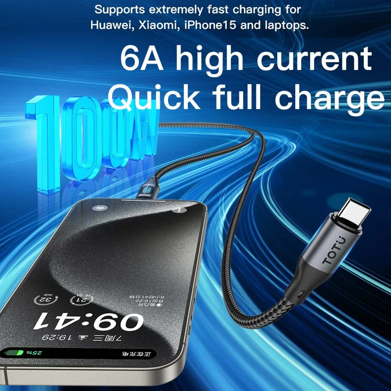 TOTU CB-7-CC-B 120cm USB-C to Type-C Cable 100W Fast Charging Braided Data Cable with LED Digital Display - Black
