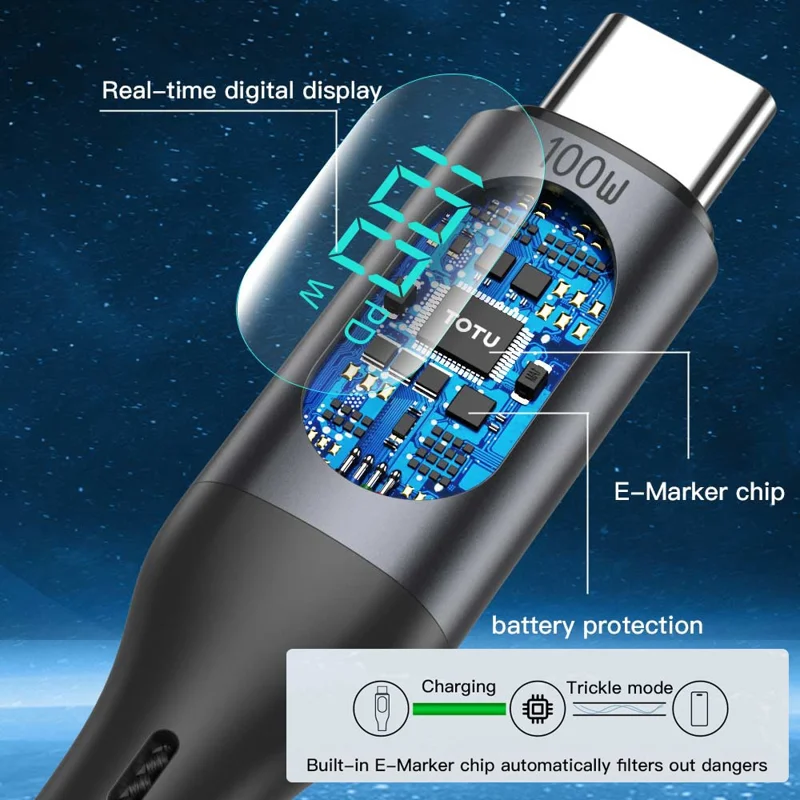 TOTU CB-7-CC-B 120cm USB-C to Type-C Cable 100W Fast Charging Braided Data Cable with LED Digital Display - Black