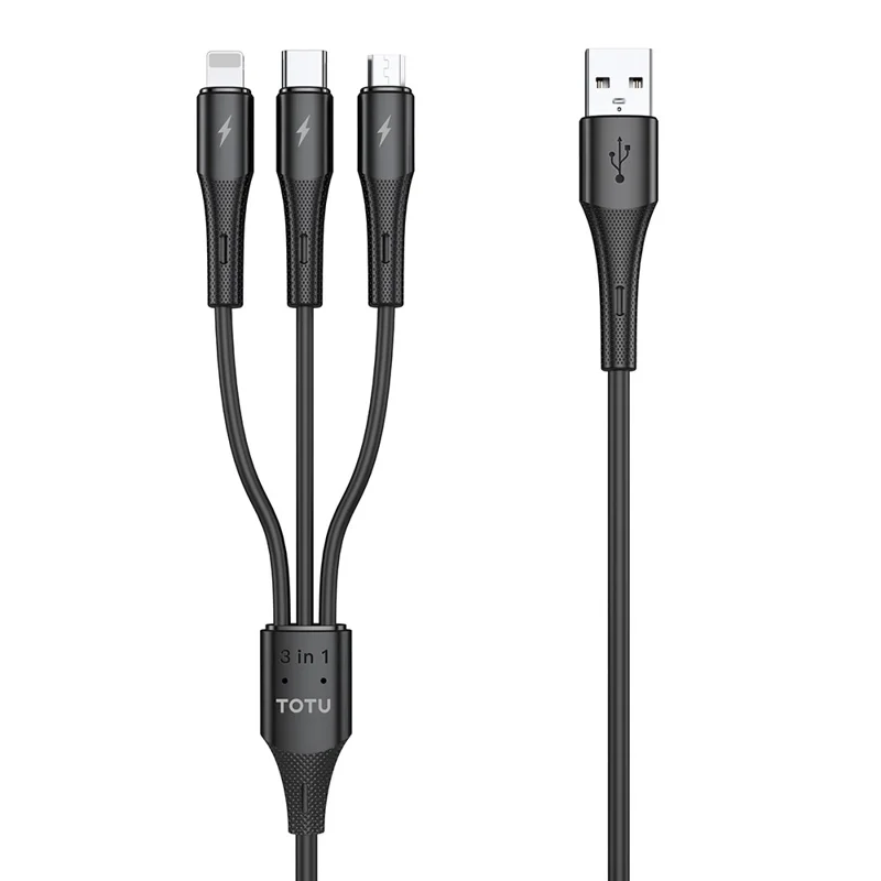 TOTU CB-3-3 120cm 3 in 1 Charging Cable iP (5-14) / USB-C / Micro USB Fast Charging TPE Silicone Data Cable - Black