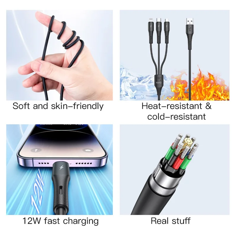 TOTU CB-3-3 120cm 3 in 1 Charging Cable iP (5-14) / USB-C / Micro USB Fast Charging TPE Silicone Data Cable - Black
