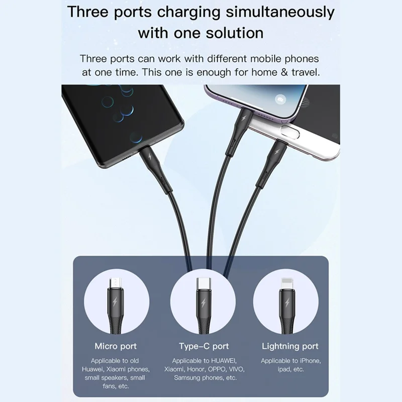 TOTU CB-3-3 120cm 3 in 1 Charging Cable iP (5-14) / USB-C / Micro USB Fast Charging TPE Silicone Data Cable - Black