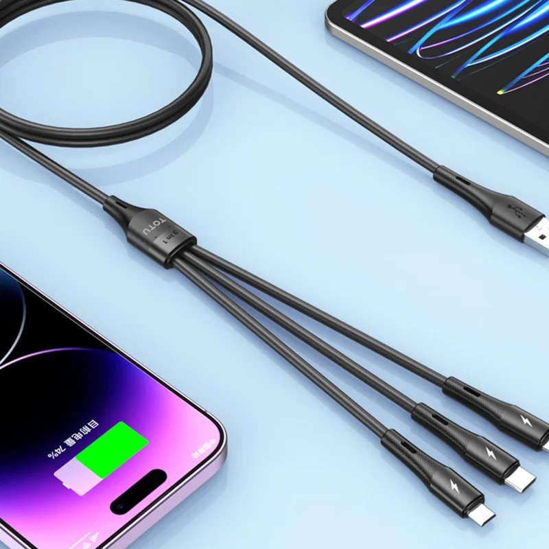 TOTU CB-3-3 120cm 3 in 1 Charging Cable iP (5-14) / USB-C / Micro USB Fast Charging TPE Silicone Data Cable - Black