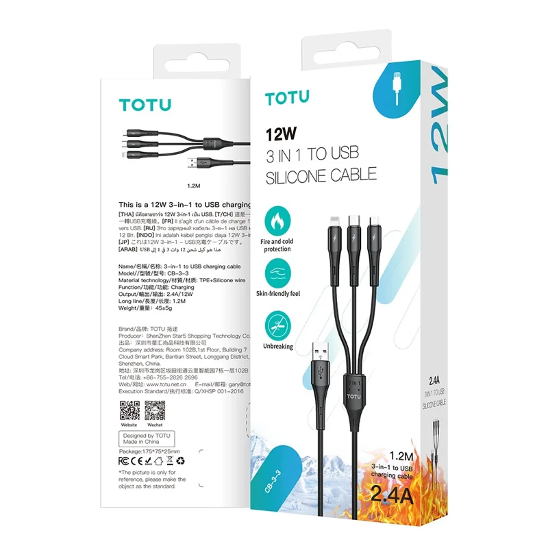 TOTU CB-3-3 120cm 3 in 1 Charging Cable iP (5-14) / USB-C / Micro USB Fast Charging TPE Silicone Data Cable - Black