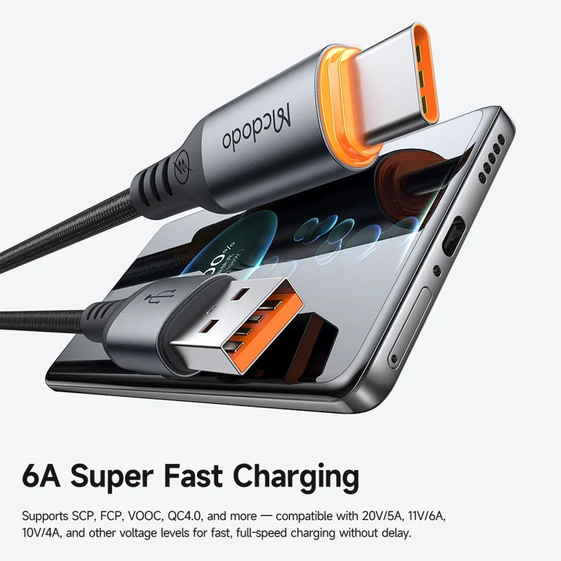 MCDODO CA-0570 1.2M USB-A to USB-C Cable 6A Super Fast Charging Smart Auto Power Off 480Mbps Data Transfer Cable - Black