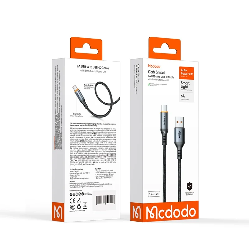 MCDODO CA-0570 1.2M USB-A to USB-C Cable 6A Super Fast Charging Smart Auto Power Off 480Mbps Data Transfer Cable - Black