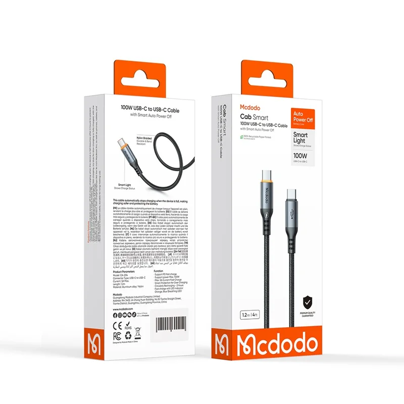 MCDODO CA-2040 PD 100W 1.2M USB-C to C Fast Charging Data Cable with Smart Auto Power Off E-Marker Chip - Black