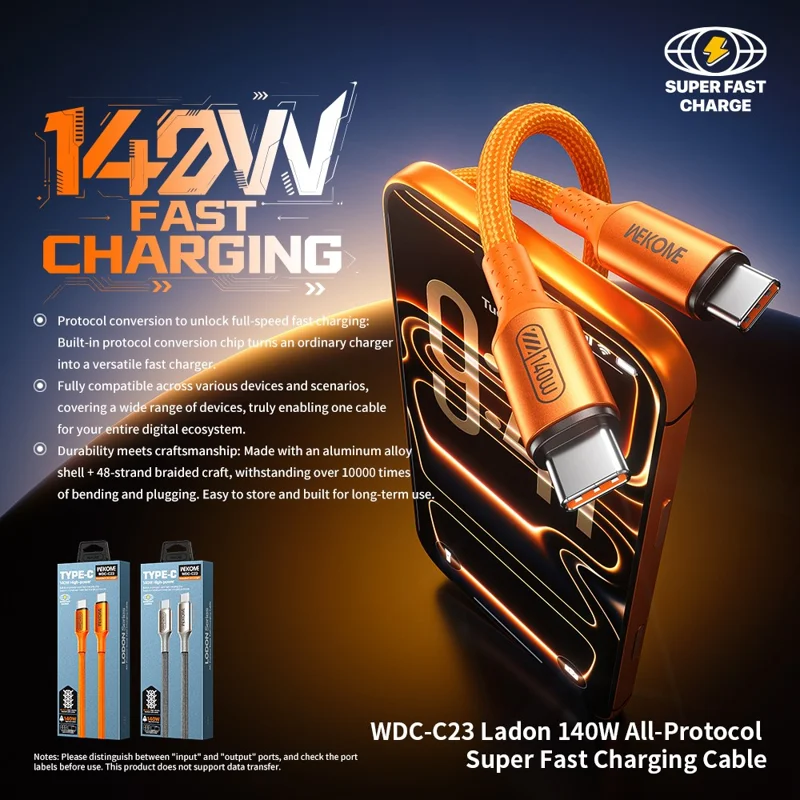 WEKOME WDC-C23 Ladon 140W All Protocol Super Fast Charging Cable Type-C to Type-C 1.2M Data Cable - Orange