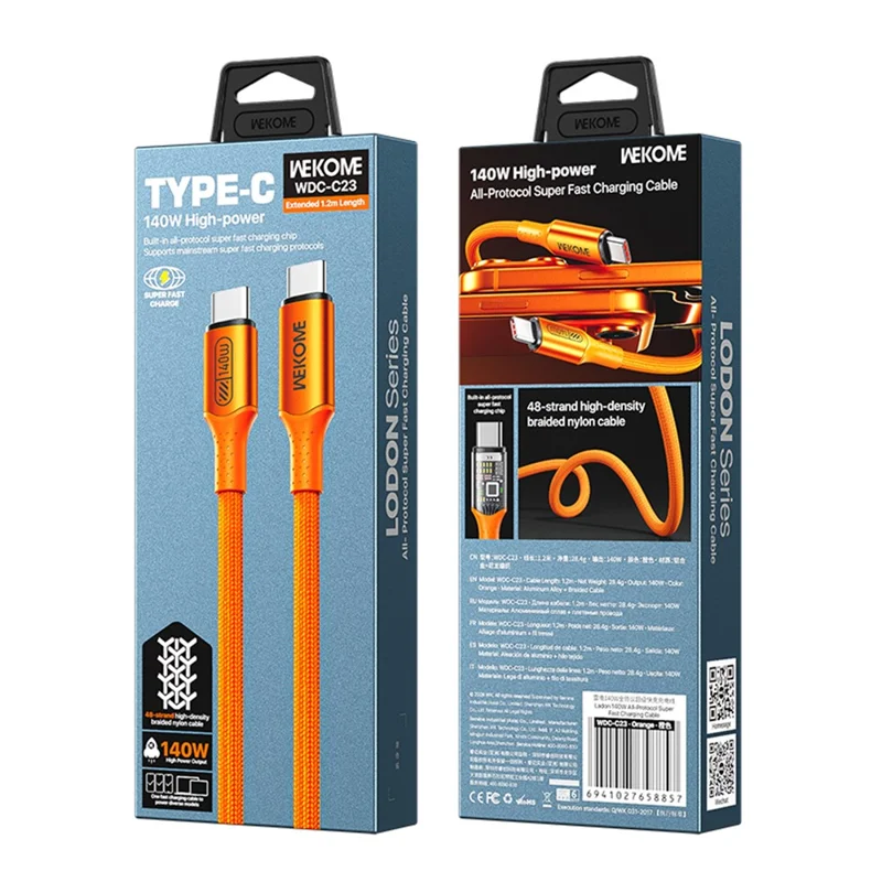 WEKOME WDC-C23 Ladon 140W All Protocol Super Fast Charging Cable Type-C to Type-C 1.2M Data Cable - Orange