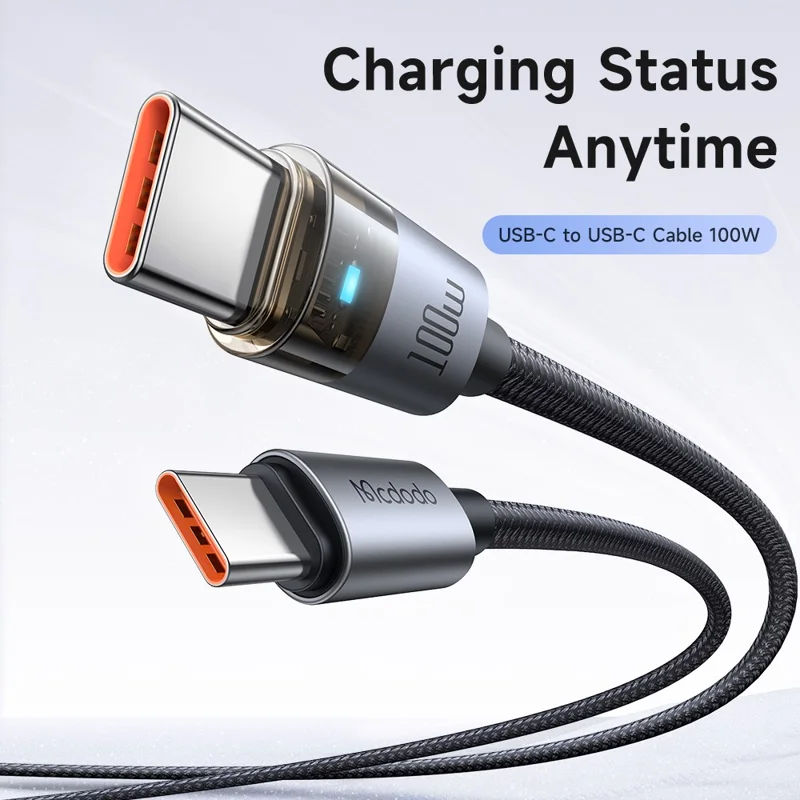 MCDODO CA-558 1.2m 100W Fast Charging Wire USB-C to USB-C Nylon Braided Data Cable with LED Indicator - Black