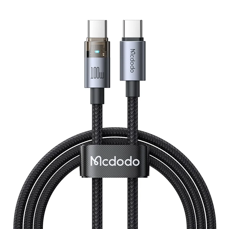 MCDODO CA-558 1.2m 100W Fast Charging Wire USB-C to USB-C Nylon Braided Data Cable with LED Indicator - Black