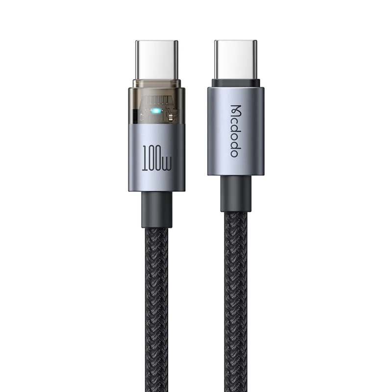 MCDODO CA-558 1.2m 100W Fast Charging Wire USB-C to USB-C Nylon Braided Data Cable with LED Indicator - Black