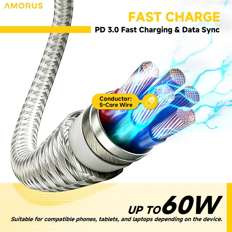 AMORUS 1m PD 3.0 60W Fast Charging USB-C to USB-C Cable Nylon Braided Data Wire for Samsung / Xiaomi / Google