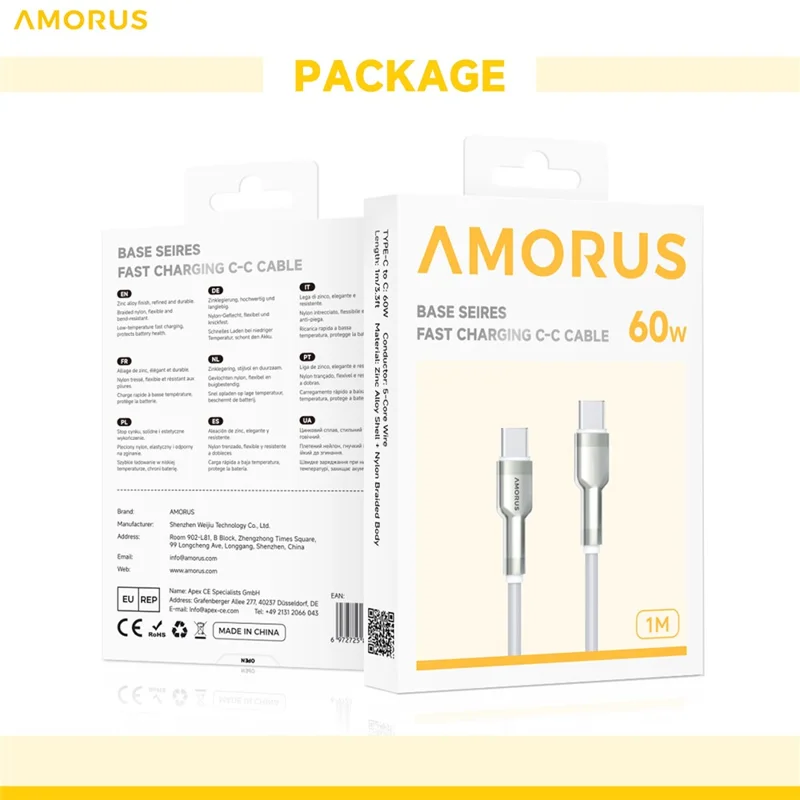 AMORUS 1m PD 3.0 60W Fast Charging USB-C to USB-C Cable Nylon Braided Data Wire for Samsung / Xiaomi / Google