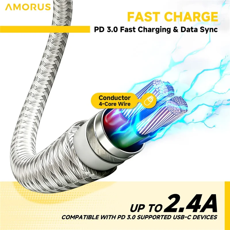 AMORUS 1m USB-A to USB-C PD 3.0 12W 2.4A Fast Charging Wire Nylon Braided Data Cable
