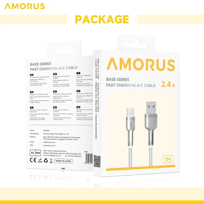 AMORUS 1m USB-A to USB-C PD 3.0 12W 2.4A Fast Charging Wire Nylon Braided Data Cable