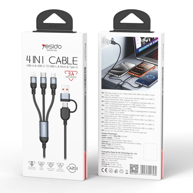 YESIDO CA203 USB-A / USB-C to iP  /  USB-C  /  Micro Fast Charging Cable Braided Charging Cord for iPhone Samsung Huawei Xiaomi