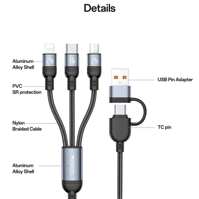 YESIDO CA203 USB-A / USB-C to iP  /  USB-C  /  Micro Fast Charging Cable Braided Charging Cord for iPhone Samsung Huawei Xiaomi