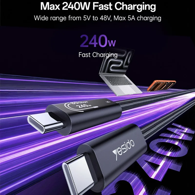 YESIDO CA211 Thunderbolt 5 USB-C til USB-C kabel 80 Gbps 240 W hurtig opladning 16K video kabel - Sort