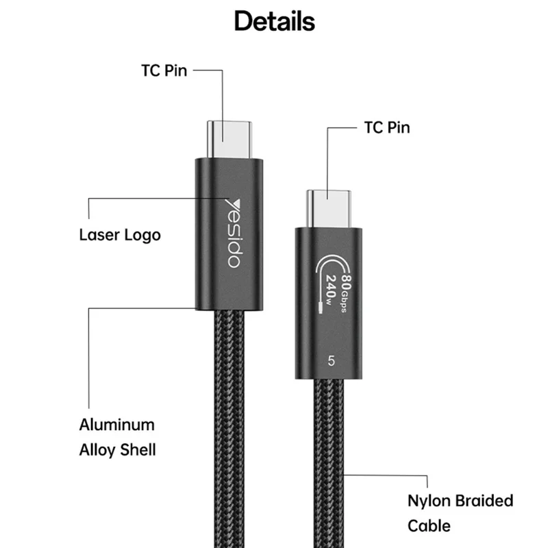 YESIDO CA211 Thunderbolt 5 USB-C til USB-C kabel 80 Gbps 240 W hurtig opladning 16K video kabel - Sort