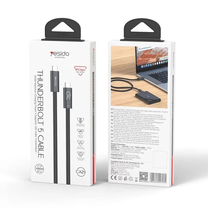 YESIDO CA211 Thunderbolt 5 USB-C til USB-C kabel 80 Gbps 240 W hurtig opladning 16K video kabel - Sort