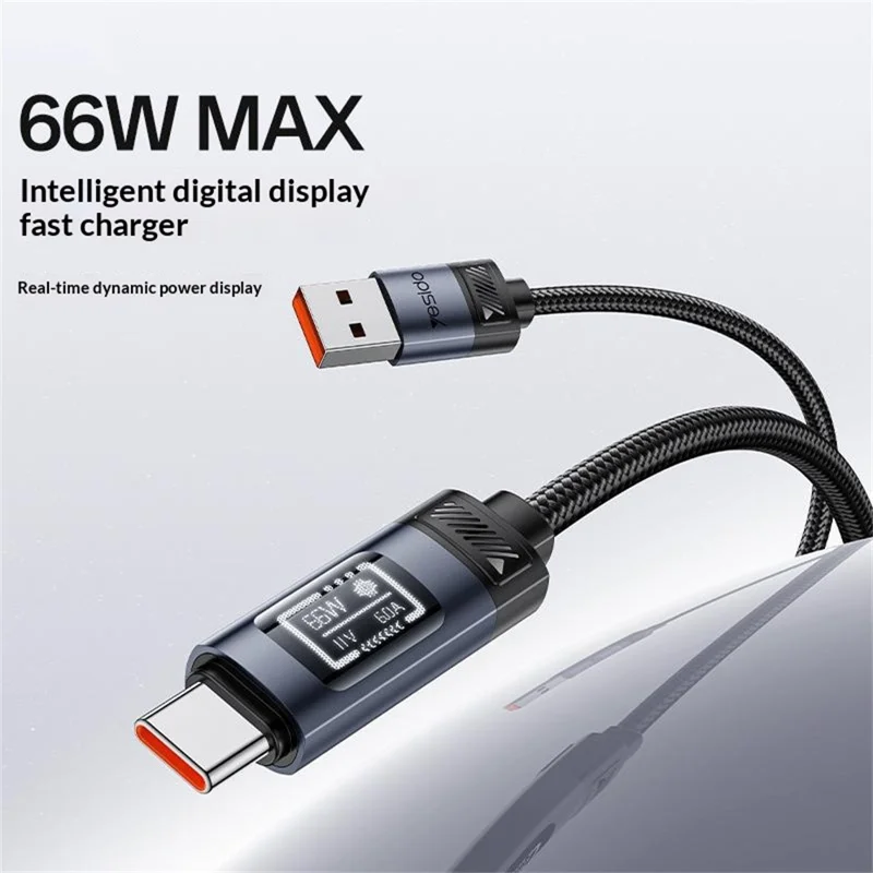 YESIDO CA138C 120cm OLED Digital Display USB-A to USB-C 66W Fast Charging Nylon Braided Data Cable