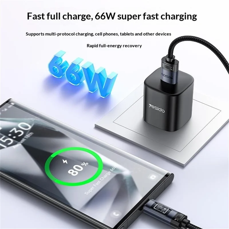 YESIDO CA138C 120cm OLED Digital Display USB-A to USB-C 66W Fast Charging Nylon Braided Data Cable