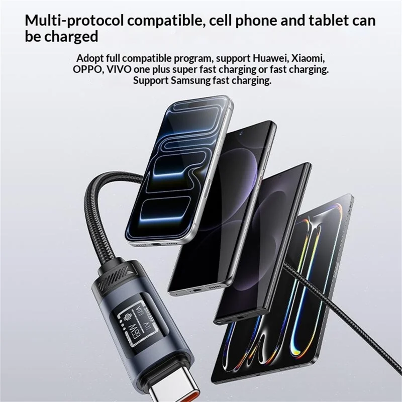 YESIDO CA138C 120cm OLED Digital Display USB-A to USB-C 66W Fast Charging Nylon Braided Data Cable