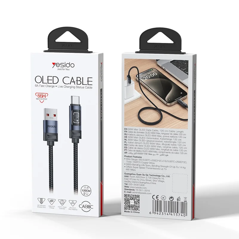 YESIDO CA138C 120cm OLED Digital Display USB-A to USB-C 66W Fast Charging Nylon Braided Data Cable