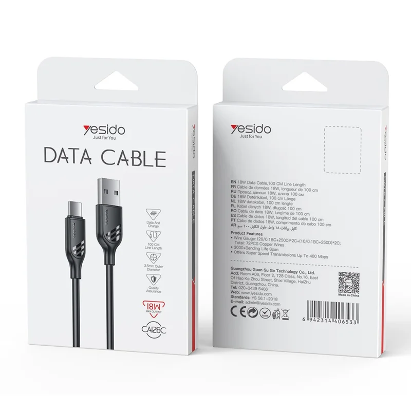 YESIDO CA126C 1 m USB-A til USB-C kabel 18 W hurtiglade data-synkroniseringskabel til Samsung / Xiaomi / Huawei - Sort
