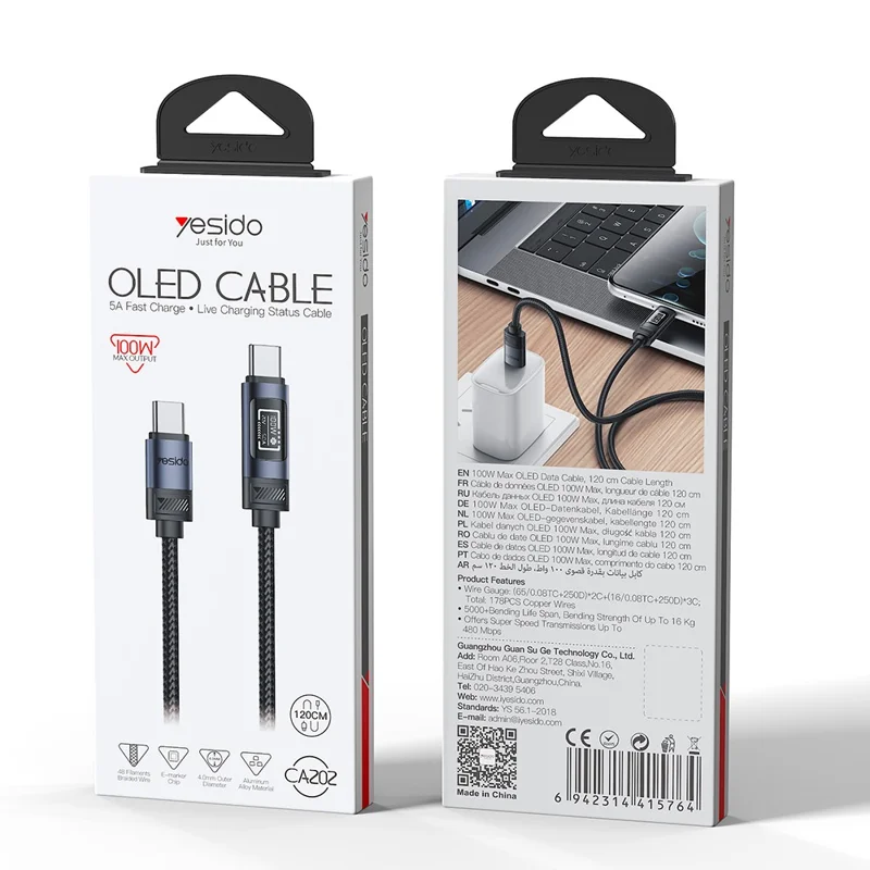 YESIDO CA202 120 cm USB-C til USB-C datakabel PD 100 W hurtiglader med OLED digital display
