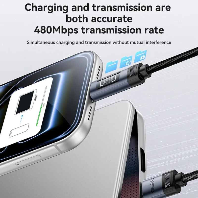 YESIDO CA202 120 cm USB-C til USB-C datakabel PD 100 W hurtiglader med OLED digital display