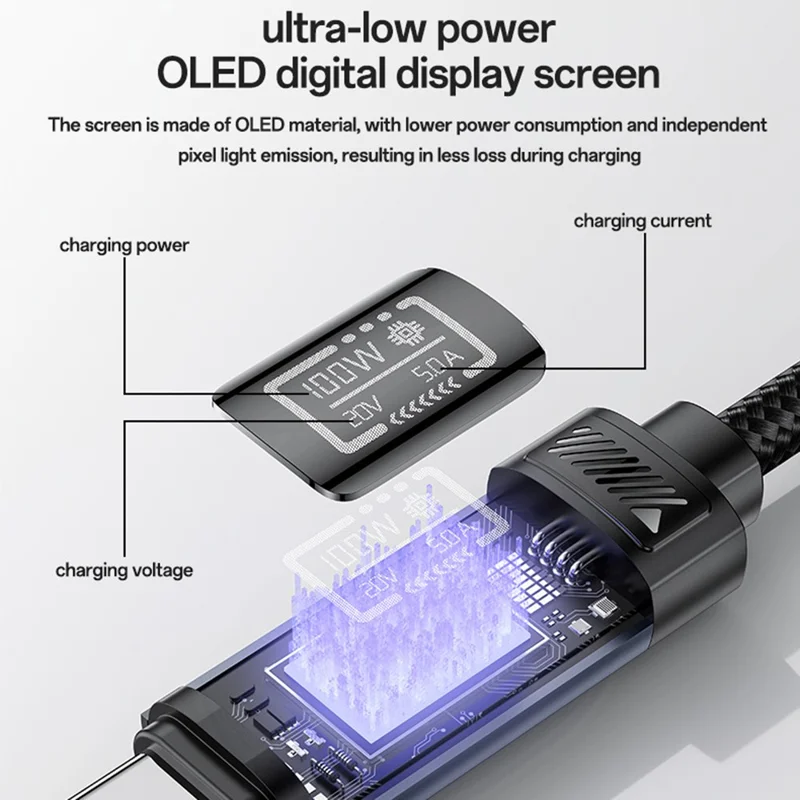 YESIDO CA202 120 cm USB-C til USB-C datakabel PD 100 W hurtiglader med OLED digital display