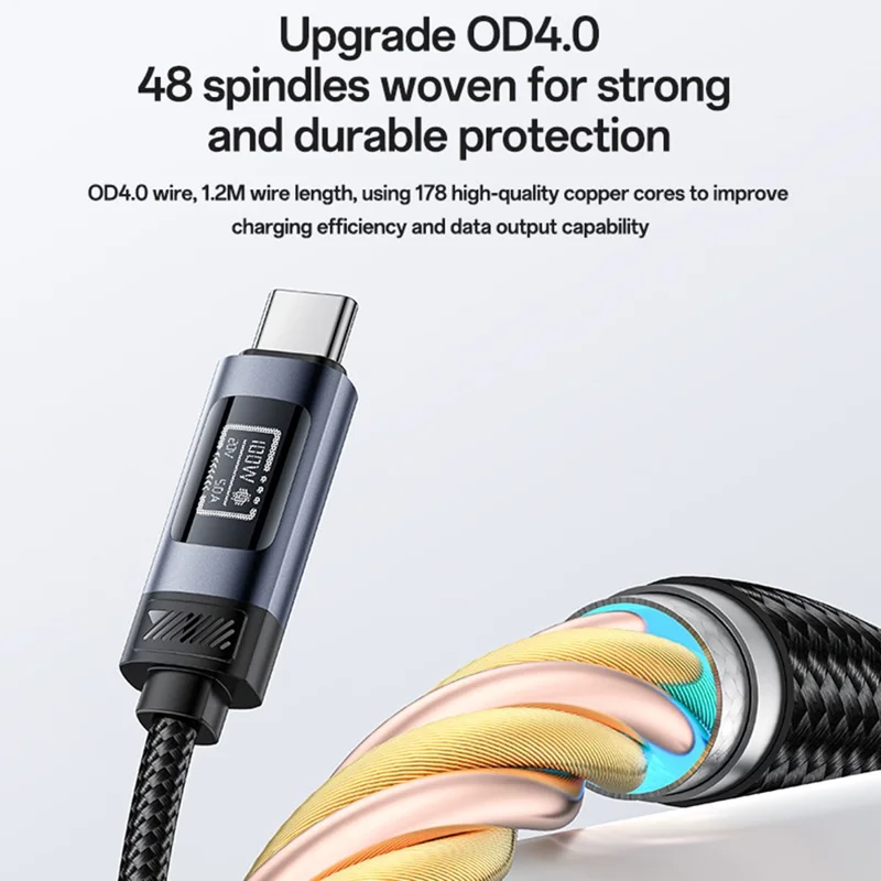 YESIDO CA202 120 cm USB-C til USB-C datakabel PD 100 W hurtiglader med OLED digital display