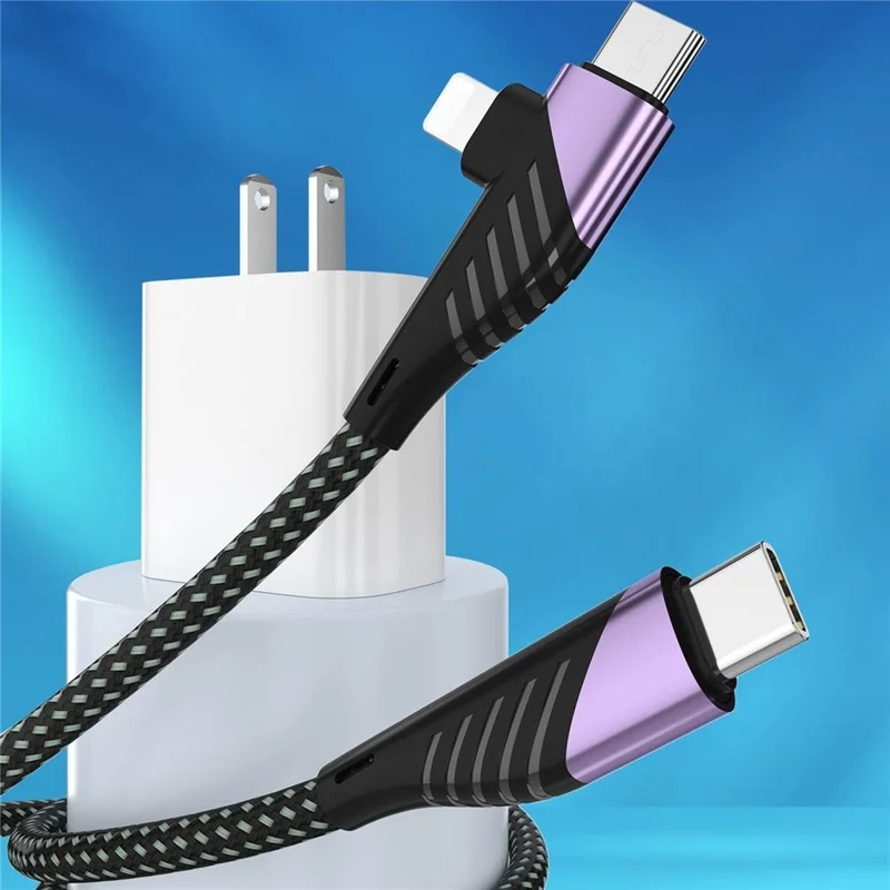 2m 2 in 1 USB-C to USB-C + Lightning Cable PD 65W + PD 27W Fast Charging Data Cord - Black / Grey