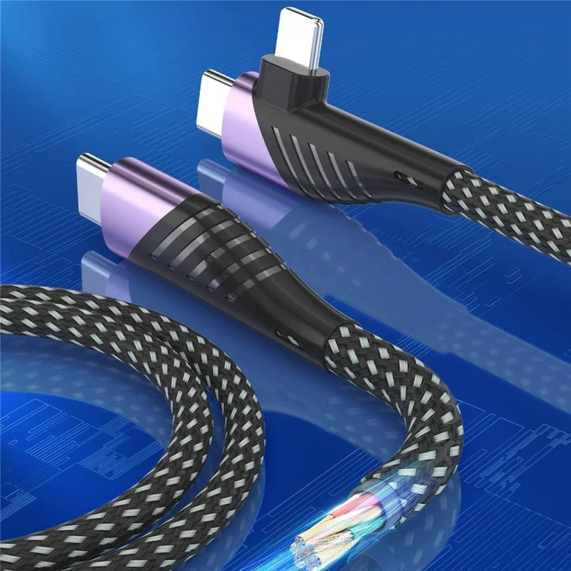 2m 2 in 1 USB-C to USB-C + Lightning Cable PD 65W + PD 27W Fast Charging Data Cord - Black / Grey