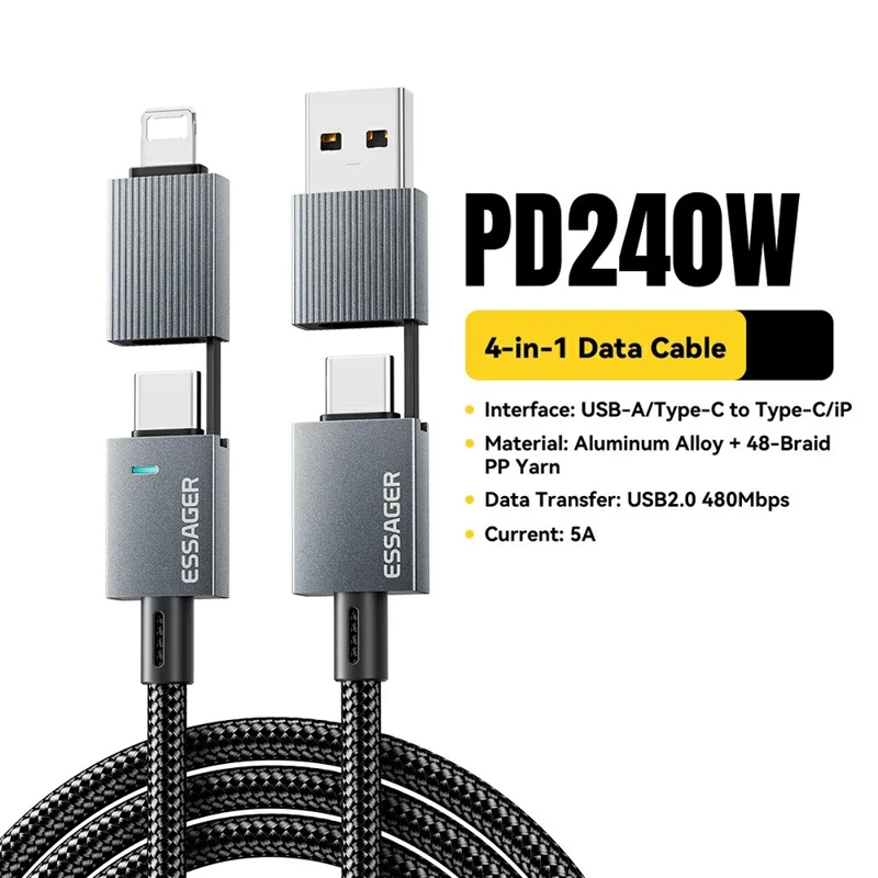 ESSAGER 0.25m 4 in 1 USB-A  /  Type-C to Type-C  /  iP Braided Data Cord PD 240W Fast Charging Cable - Grey