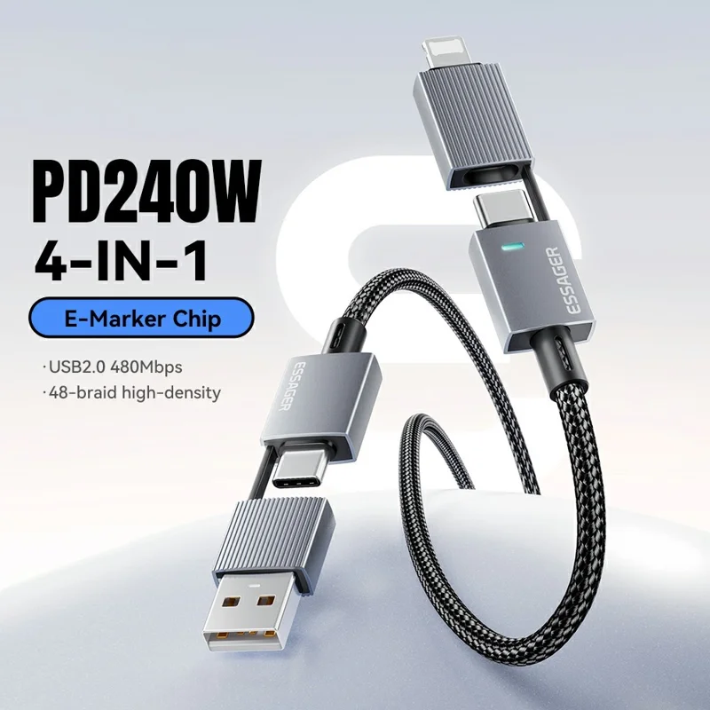 ESSAGER 0.25m 4 in 1 USB-A  /  Type-C to Type-C  /  iP Braided Data Cord PD 240W Fast Charging Cable - Grey