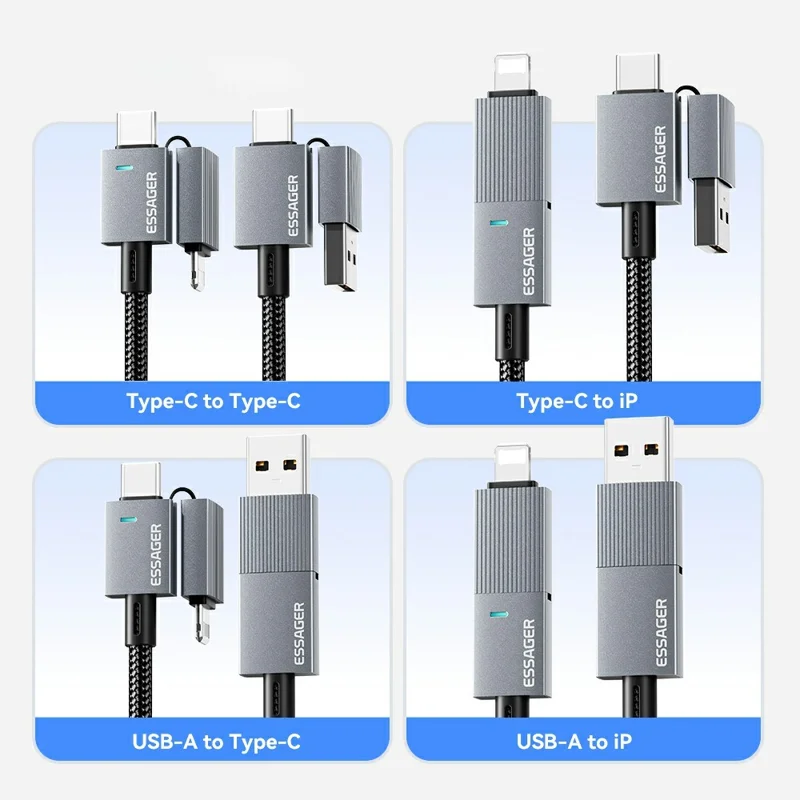 ESSAGER 0.25m 4 in 1 USB-A  /  Type-C to Type-C  /  iP Braided Data Cord PD 240W Fast Charging Cable - Grey